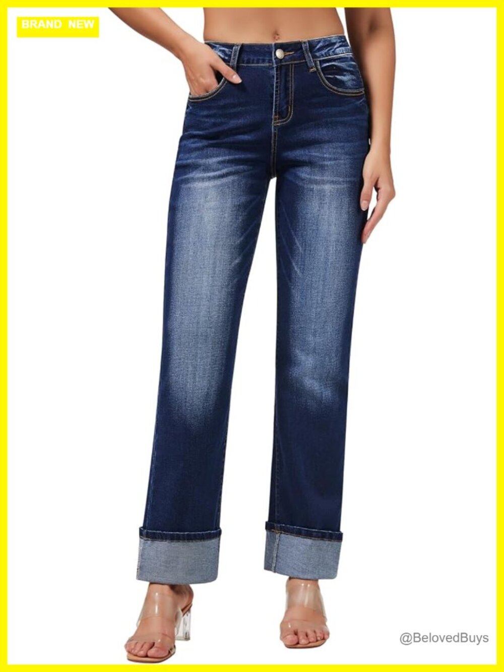 High Waisted Boyfriend Straight Leg Jeans Stretchy Denim